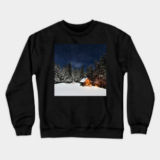 Winter Cozy Cabin in Snow Pine Trees Mountain Peaceful Landscape Art Crewneck Sweatshirt